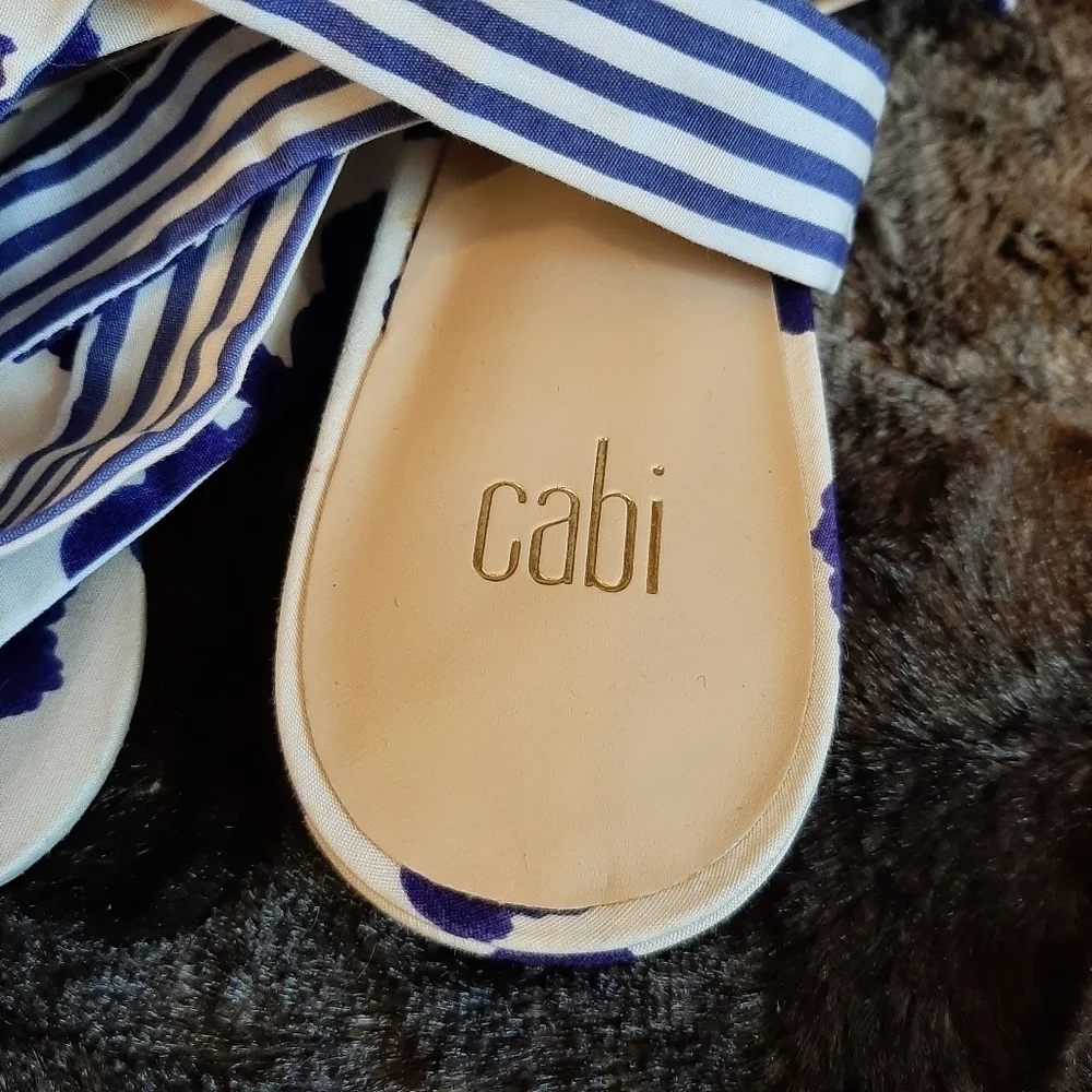 NWT CAbi Floral Wrap Up Floral Striped Sandals 6013 Tie Ankle Boho Blue White 10
